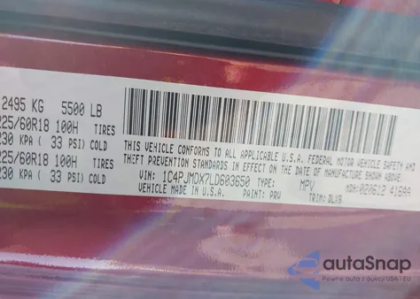 2020 Jeep Cherokee Limited 4X4 z USA, uszkodzony, nr VIN 1C4PJMDX7LD603650